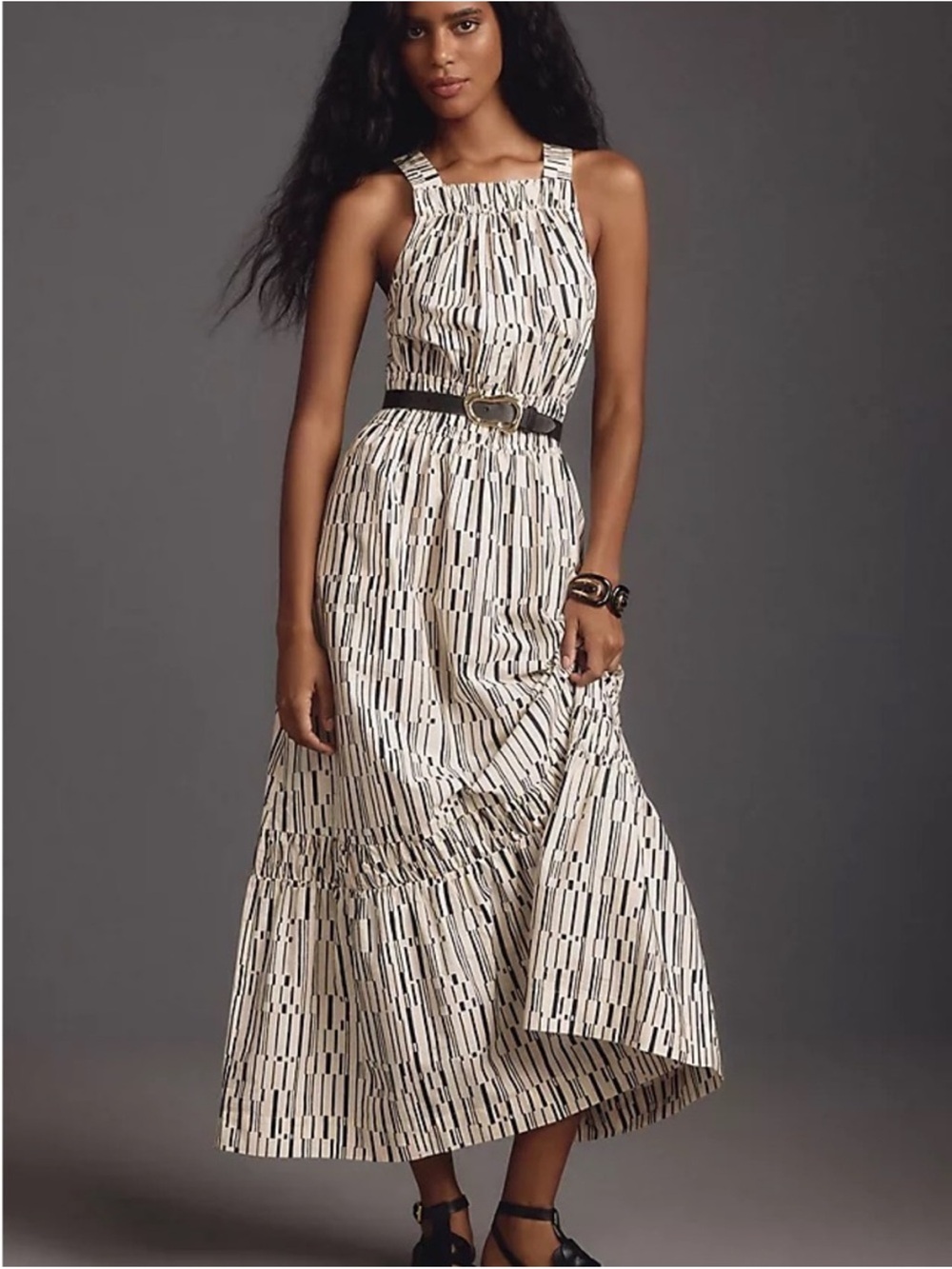 Anthropologie Cream and Black Geometric Maxi Dress